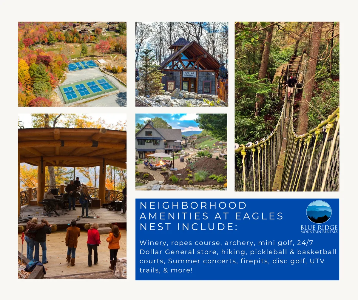 The image captures a lively exterior scene at Eagles Nest, centered on a ropes course with the sun setting in the background. Nearby, families and friends gather for a summer concert at an outdoor stage, while others enjoy mini golf, archery, and hiking along scenic trails. The luxurious lodge stands as a focal point, anchoring the sense of an upscale mountain community hub.